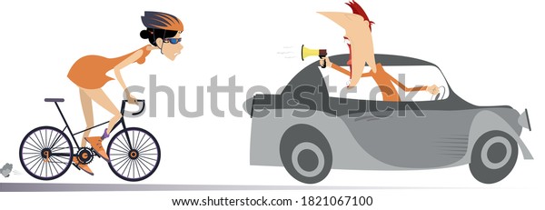 Cyclist woman and riding on the car coach or supporter\
illustration. Trainer or supporter with megaphone rides on the car\
in front of the cyclist woman and supports her isolated on white\
\
