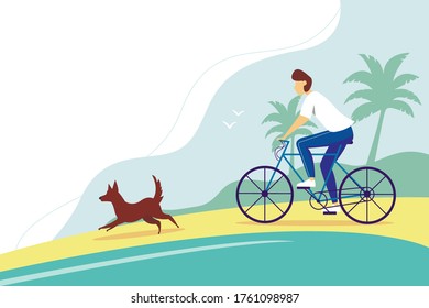 Cyclist-an athlete on a Bicycle. Man riding a Bicycle on the beach with the dog. Seascape with palm trees in the background.