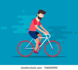 Cyclisted man with a beard, a hipster style. Blue red color. Isolated on a blue background. Vector illustration.