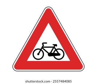 Cyclists Ahead Road Sign Featuring a Triangular Shape with Red Border and White Background, Indicating Intersection with a Bicycle Path Outside of an Intersection, Available as a Vector File