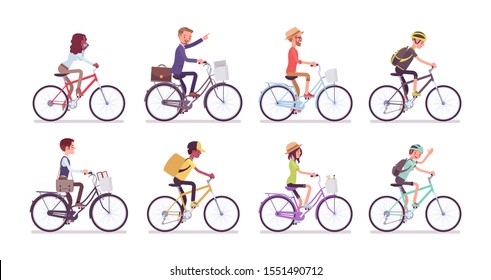 Cyclists and bicycles set. Male, female happy persons riding different cycles for sport, fun, work, business or recreation, use sharing system in public places. Vector flat style cartoon illustration