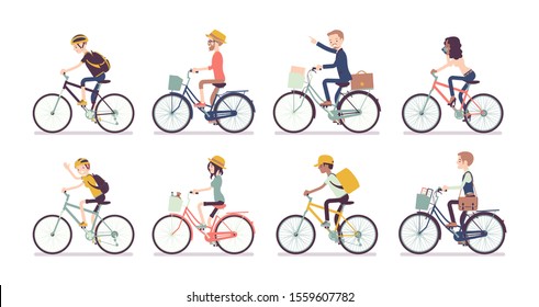 Cyclists and bicycles set. Male, female happy persons riding different cycles for sport, fun, work, business or recreation, use sharing system in public places. Vector flat style cartoon illustration