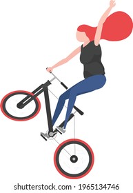 Cyclists and bicycles set. Red female happy persons riding different cycles for sport, fun, work, business or recreation, use sharing system in public places. Vector flat style cartoon illustration