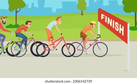 Ciclistas. ciclistas que se mudan para terminar el destino deportivo. Fondo del concepto de dibujos animados