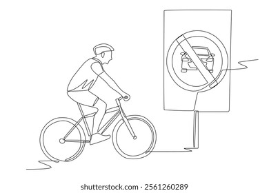 Cyclists in the car free zone area. Car free zones concept one-line drawing