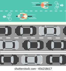 Cyclists And Cars In City. Cycling On Bike Path And Cars On Traffic Jam. Bicycle Road Sign And Bike Riders. Fitness, Sport, People And Healthy Lifestyle Concept.