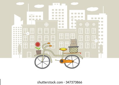Cyclists with a cat and a flower on the street of a modern European city. modern european city made in pastel colors on the background. vector illustration