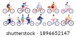 Cyclists characters. Fun active woman, cyclist ride bicycle outdoor. Fun leisure, isolated cute happy girl rider and person on bike utter vector set