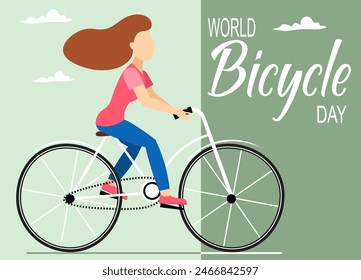 Cyclists characters. Girl on a bicycle on a green background. World bicycle day celebration, banner, poster, background.