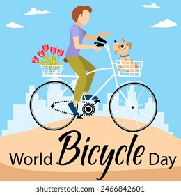 Cyclists characters. A man with flowers and a puppy on a bicycle against the backdrop of the city. World bicycle day celebration, banner, poster, background.