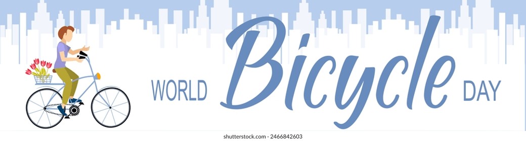 Cyclists characters. Man on a bicycle with tulips in the city on a blue background. World bicycle day celebration, banner, poster, background. 