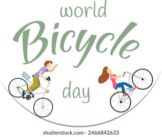 Cyclists characters. A man and a woman ride a bicycle. World bicycle day celebration, banner, poster, background. 