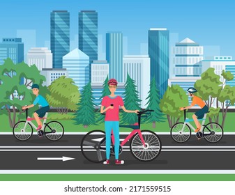 Cyclists characters ride bikes on city street vector illustration. Cartoon cityscape with modern skyscrapers, park with plants and people cycling and standing with bicycle background. Sport concept