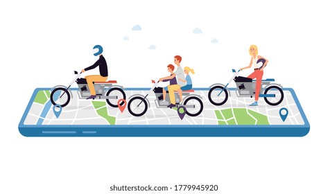 Cyclists characters riding bikes on mobile phone screen surface, flat vector illustration isolated on white background. Image for bicycle rental or route navigation app.