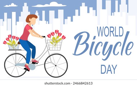 Cyclists characters. A woman carries tulips on a bicycle in the city. World bicycle day celebration, banner, poster, background.