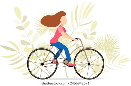 Cyclists characters. Woman on a bicycle and plants. Sport and leisure. Outdoors activity. Healthy lifestyle concept.