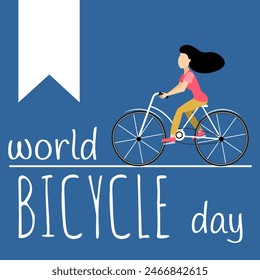 Cyclists characters. Woman on a bicycle on a blue background. World bicycle day celebration, banner, poster, background.