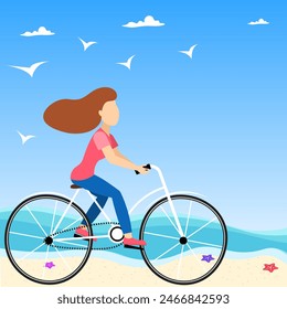Cyclists characters. A woman rides a bicycle on the beach. Sport and leisure. Outdoors activity. Healthy lifestyle concept.