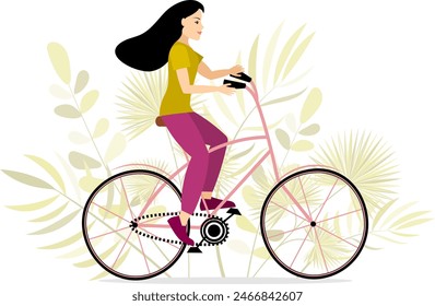 Personajes de ciclistas. Una mujer monta una bicicleta con plantas en el fondo. Deporte y ocio. Actividad al aire libre. Concepto de estilo de vida saludable. 