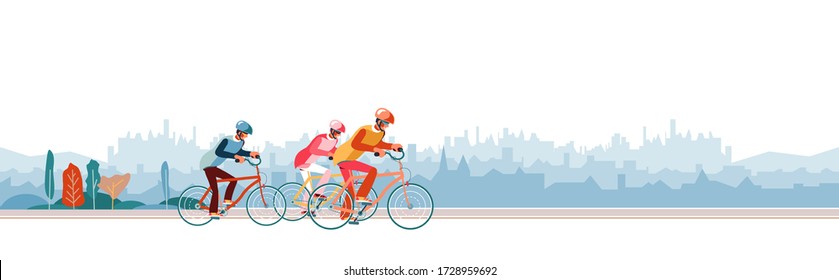 Cyclists chase the leader of race. Head of peloton vector illustration. Cycling in nature or city. Three cyclists going away from pursuers. Group of bikers at professional race for bike rally event