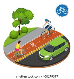 Cyclists In City. Cycling On Bike Path. Bicycle Road Sign And Bike Riders. Flat 3d Vector Isometric Illustration. People Riding Bikes. Fitness, Sport, People And Healthy Lifestyle Concept.