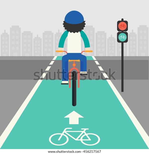 Cyclists in city.\
Cycling on bike path. Bicycle road light and bike rider. Flat\
vector  illustration. People riding bikes. Fitness, sport, people\
and healthy lifestyle\
concept.