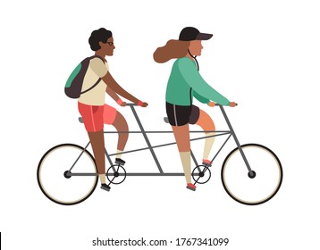Cyclists concept. Happy people ride tandem bike. Outdoor activities in park, couple healthy lifestyle, man and woman riding twin bicycle. Flat vector cartoon isolated illustration