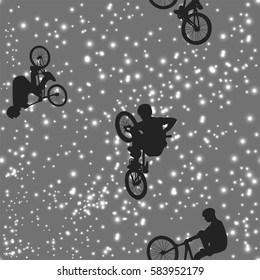 Cyclists doing stunts on space background. Silhouettes of people against the starry sky. Vector illustration