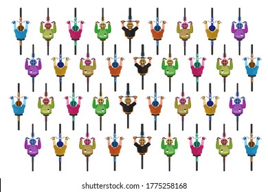 Cyclists group. Cycling bicyclists pattern. Top view of isolated cyclists people group in helmets riding bikes icon set on white background. Race sport activity concept