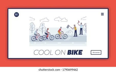 Cyclists group on finish. Landing page for road bicycle race marathon. Athletes on bicycle on ride competition. Cartoon bike race winners. Sport and fitness concept. Linear vector illustration