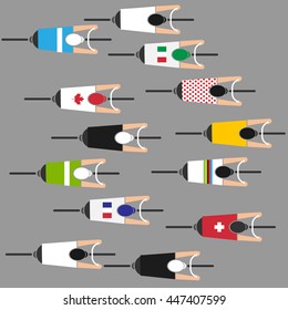 Cyclists group at professional race. Top view. Vector illustration.