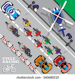 Cyclists group at professional race. View from above. Vector illustration.
