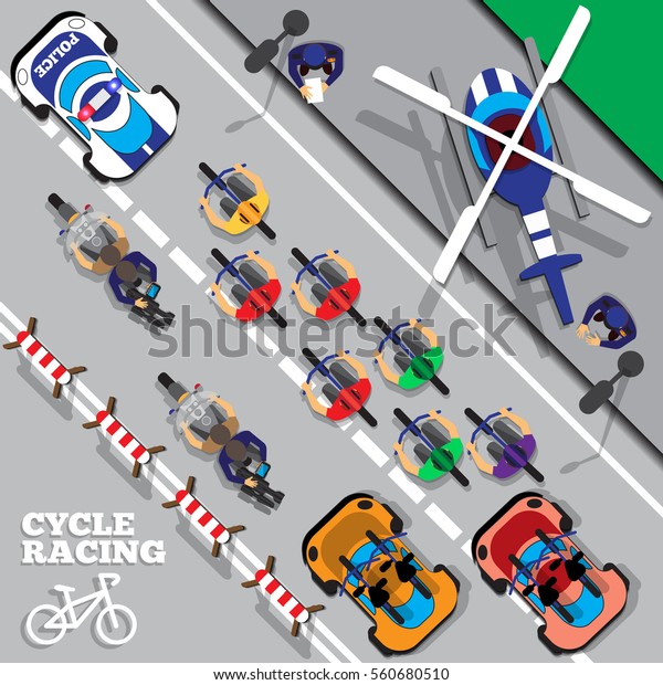 Cyclists group at professional race. View\
from above. Vector\
illustration.