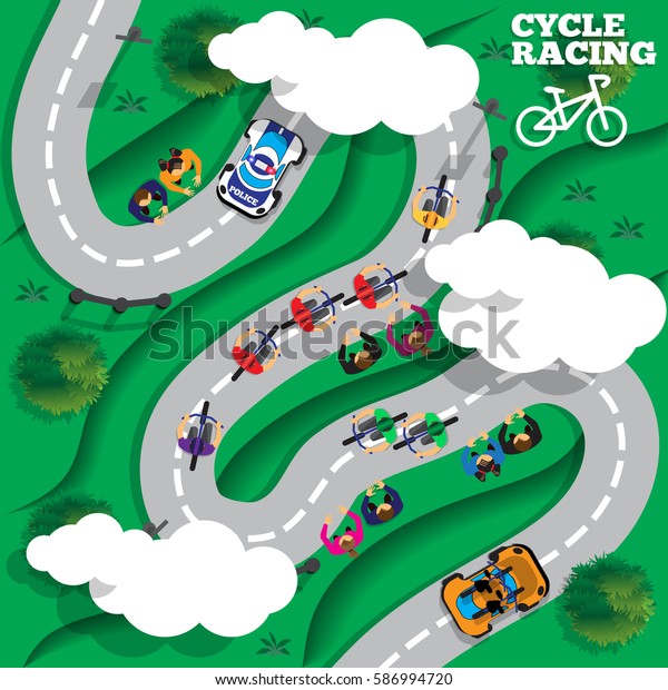 Cyclists group at professional race. View\
from above. Vector\
illustration.