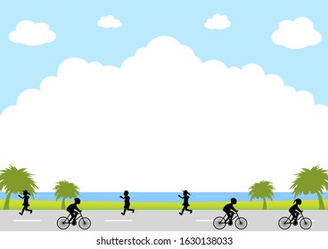 cyclists and jogger on the road along the beach