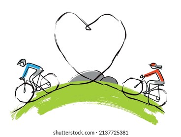 Cyclists in love,  line art stylized cartoon.Isolated on white background. Vector available.