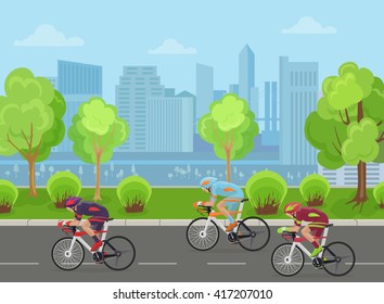 Cyclists Men On Road Race Bicycle Racing In City Park Vector Illustration. Competition Concept.