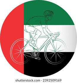 CYCLISTS ON THE BACKGROUND OF THE FLAG OF THE UNITED ARAB EMIRATES