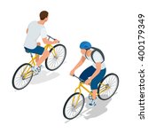 Cyclists on bicycle. Riding bicycle outdoors at summer. Fitness, sport, people and healthy lifestyle concept. Flat 3d vector isometric illustration