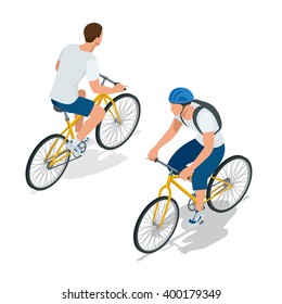 Cyclists on bicycle. Riding bicycle outdoors at summer. Fitness, sport, people and healthy lifestyle concept. Flat 3d vector isometric illustration