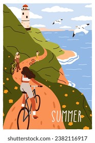 Los ciclistas en bicicleta, viajan al lado del mar. Gente en bicicleta en la costa. Ciclistas en bicicleta, paseo por la naturaleza, aventura en vacaciones de verano. Tarjeta de temporada de verano. Ilustración vectorial plana