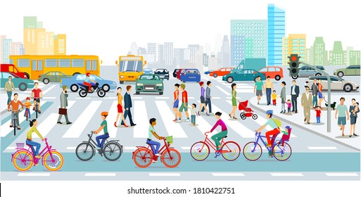 Cyclists on the bike path in the city with road traffic and pedestrians