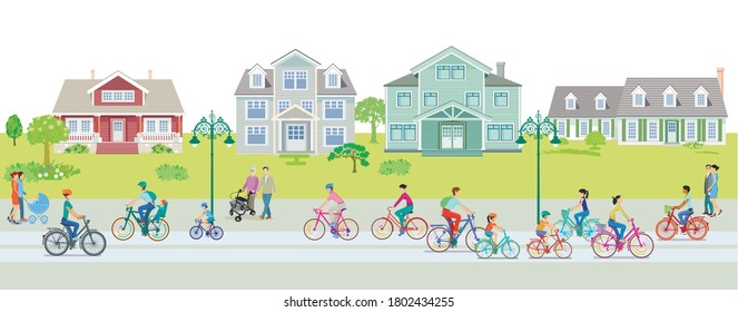 Cyclists on the bike path in the suburb with pedestrians