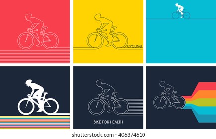 Cyclists on bikes, icon set isolated on colorful background, vector illustration. riding people,  bikers and bicycling.