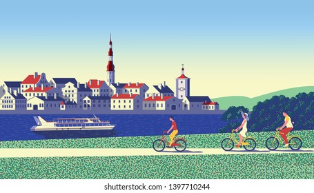 Cyclists On A Country Walk With The City, River And Pleasure Boat In The Background. Handmade Drawing Vector Illustration. Pop Art Style Poster. All Objects Are Grouped Into Different Layers.