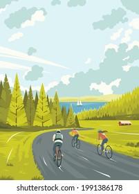 Cyclists on the road. A warm summer day. Walkers riding bicycles on the roads. People riding on the roads. Cycling through beautiful scenery. The expanse of nature. Vector illustration. EPS 10