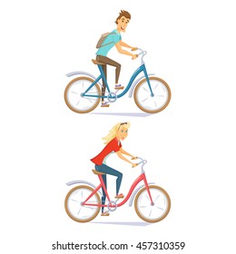 Cyclists on urban bikes set. People riding street bicycle. Man and woman. Couple on roadster cartoon character vector illustration. Holiday leisure