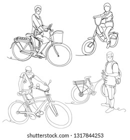cyclists. one line. continuous line. vector illustration. set