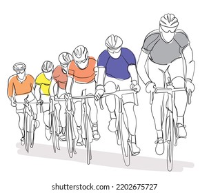 Cyclists out racing along country lanes Line art vector Illustration. Cycling