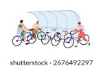 Cyclists are parking bikes on stand with canopy. Bicyclists take and leave bicycles on racks in city. People are cycling, ride and stop it on storage place. Flat isolated vector illustration on white